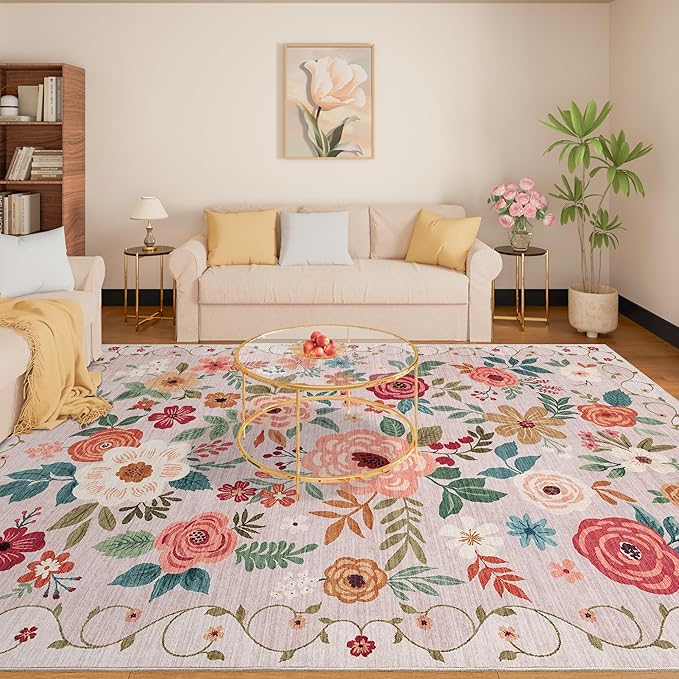 DUKINO 9x12 Area Rug for Living Room, Floral Washable Rug Non Slip, Low Pile - Image 4