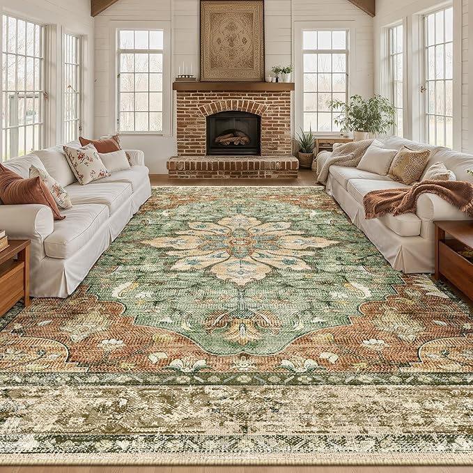 RELEANY Washable Area Rug, Large 10'x14', Brick/Brown/Green | Non-Slip - Image 2