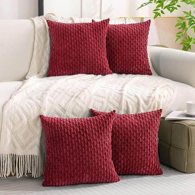 Set of 4 Burgundy Decorative Throw Pillow Covers 24x24 Inch Corduroy Pillow - Image 2