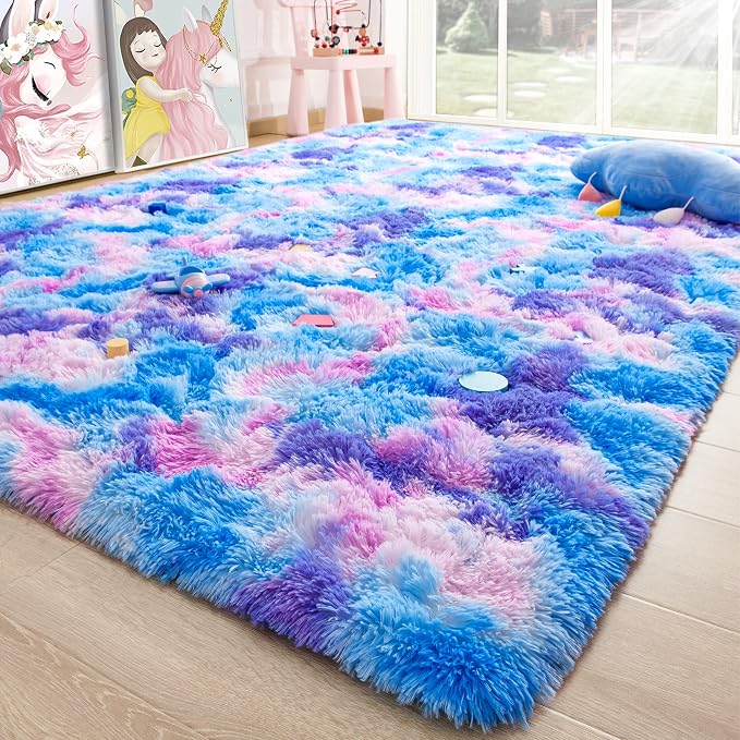 3x5 Tie-Dyed Blue Purple Pink Fluffy Area Rug Non-Slip - Image 9