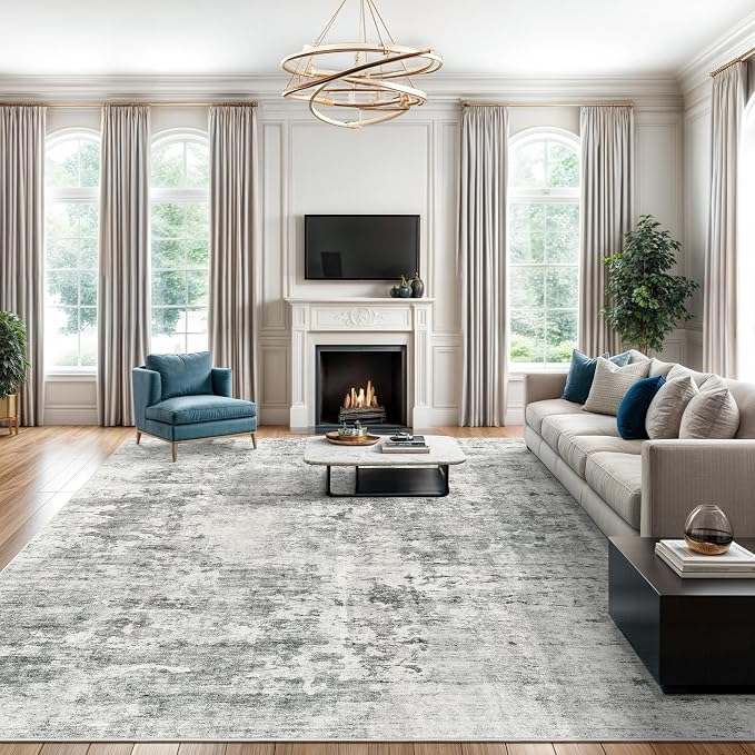 Soalmost Abstract Rug 8x10 Large Living Room Area Rugs Washable Gray/White | by Soalmost