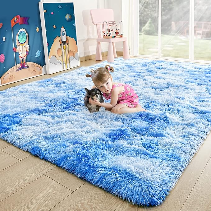 3x5 Tie-Dyed Blue Fluffy Soft Area Rug Non-Slip by ModernHomeDecor