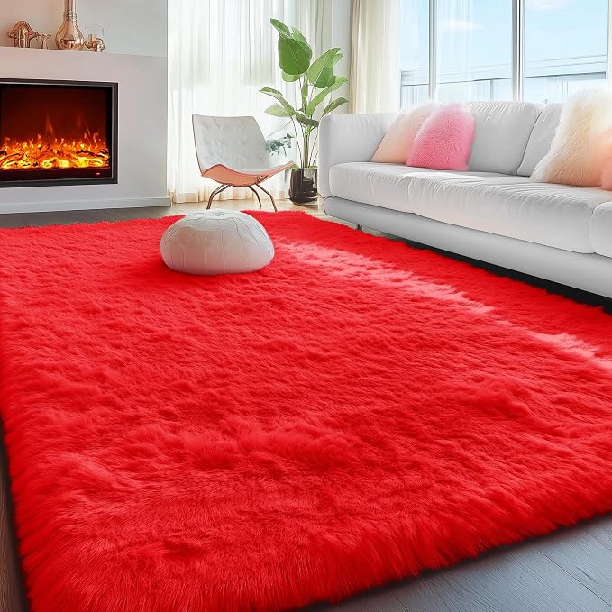 Soft Modern Red Area Rug, 4x6 Feet, Shaggy Indoor Rug by PAGISOFE