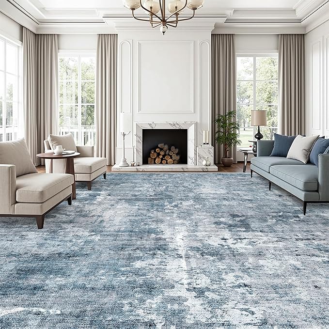 Soalmost 12x15 Washable Area Rugs Soft Living Room Rug Abstract Blue/Grey | by Soalmost