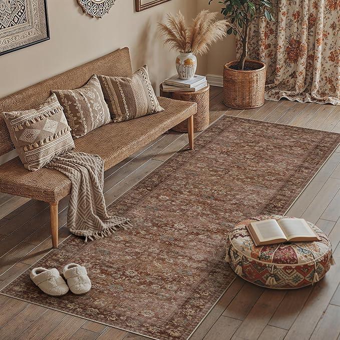 3x8 Brick Red Vintage Floral Washable Runner Rug - Image 3