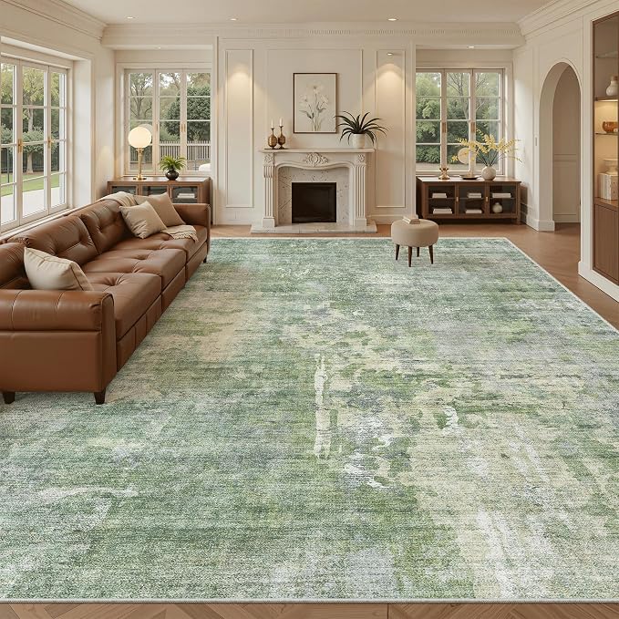 Soalmost 10x14 Area Rugs for Living Room Washable Rug Abstract Green/Ivory | by Soalmost
