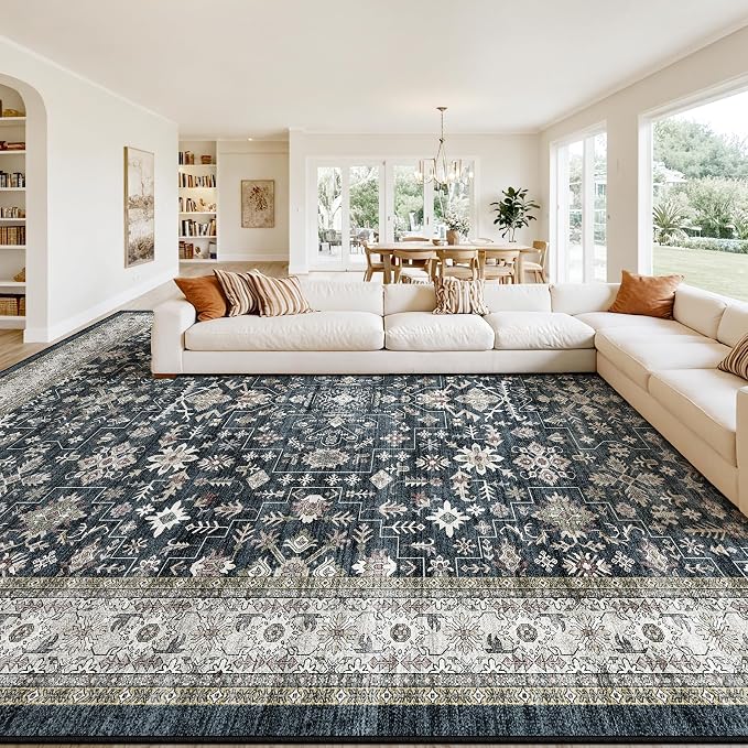 Grey Area Rug 9x12 for Living Room Bedroom | Low Pile;Machine Washable; Soft; - Image 2