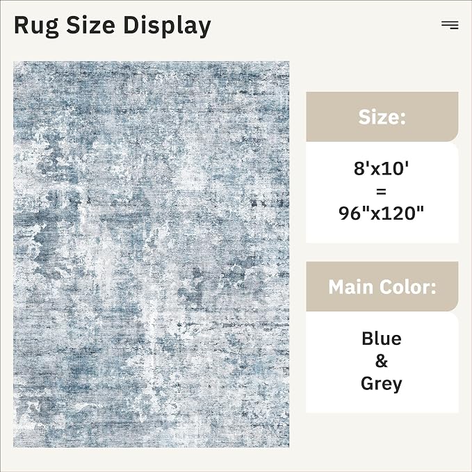 Soalmost Abstract Rug 8x10 Large Living Room Area Rugs Washable Blue/Grey | - Image 4