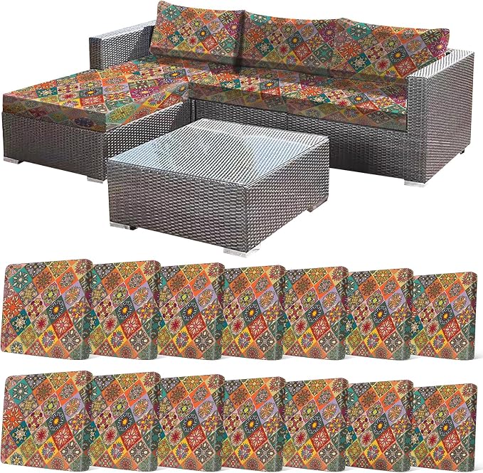 CALBODE 14Pcs Stretch Patio Cushion Cover, Bohemian Geometric Pattern | by CALBODE