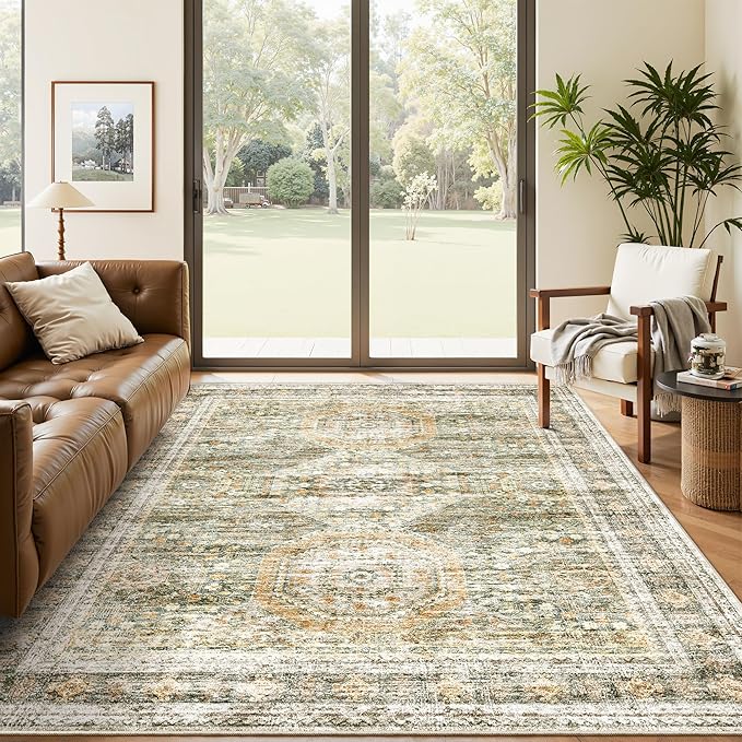 Soalmost 5x7 Area Rug Green/Orange Low Pile Washable Trendy Faded Style Rug | by Soalmost