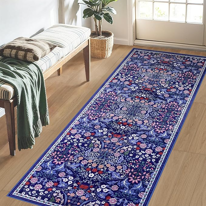 PLHXFR 2.6x8 Washable Runner Rug：Floral Indoor Kitchen Soft Carpet Blue | - Image 3