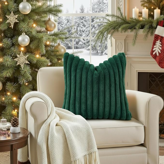 decorUhome Fall Faux Fur Throw Pillow Covers 12x20 Set of 2 Christmas Green | - Image 4