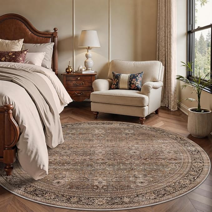 Schweek 6ft Round Rug Brown Washable Non-Slip Circle Area Rugs - Image 8