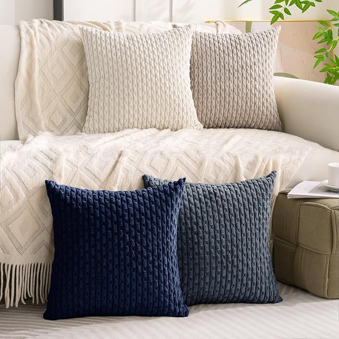 Set of 4 Navy White Taupe Decorative Throw Pillow Covers 18x18 Inch Corduroy - Image 8