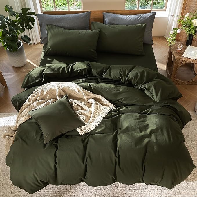 MooMee Bedding Duvet Cover Set 100% Washed Cotton Linen Like Textured Breathable Durable Soft Comfy (Solid Olive Green, Oversized Full 82"x86")
