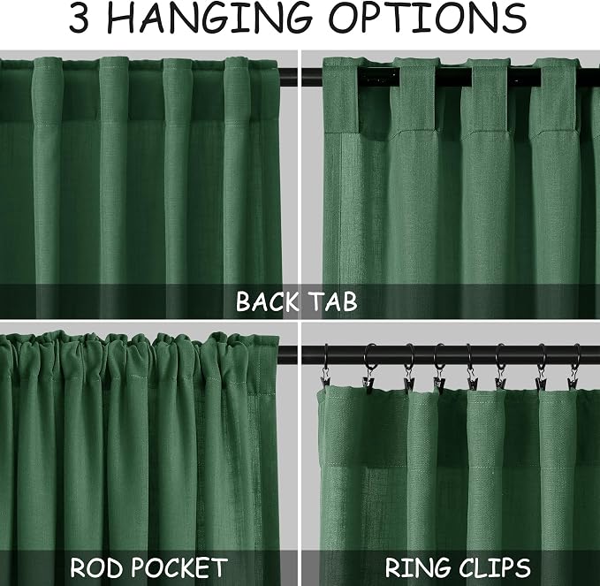 Green Boho Curtains for Bedroom Back Tab Rod Pocket Semi Sheer Linen Curtains - Image 3
