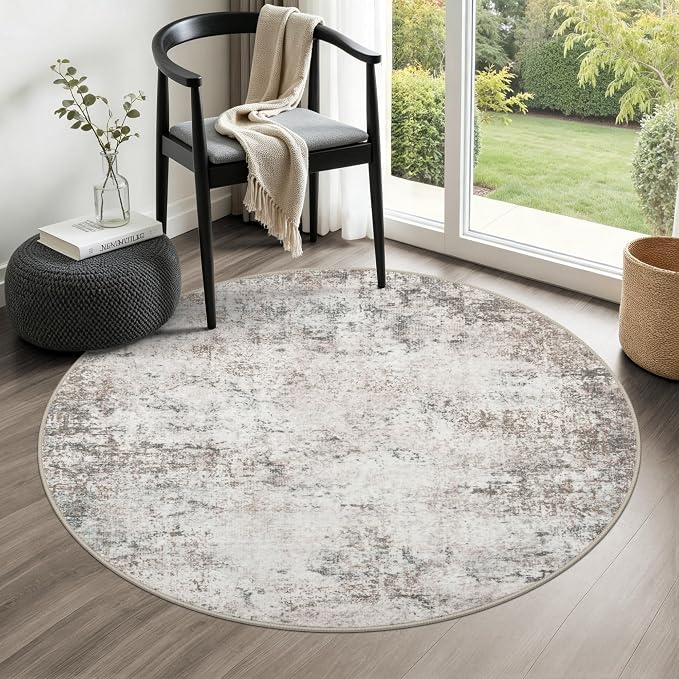 Round Area Rug Living Room: 4 ft Modern Washable Carpet Brown | by FXRHLP