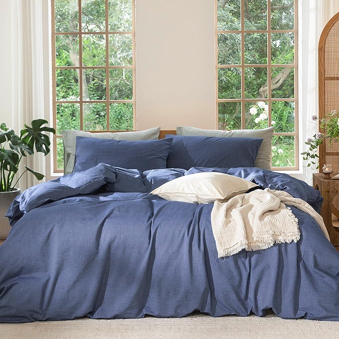 MooMee Bedding Duvet Cover Set 100% Washed Cotton Linen Like Textured Breathable Durable Soft Comfy (Heathered Blue, Oversized Queen 98"x98")