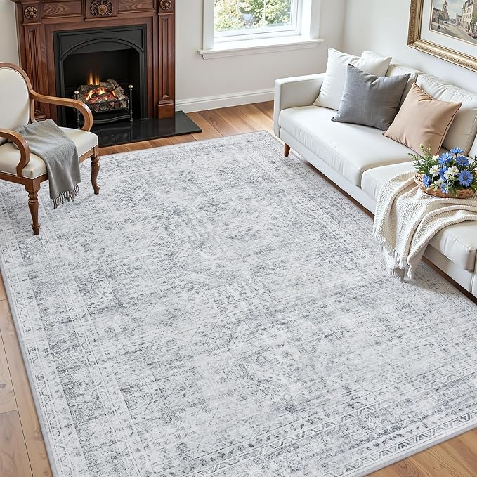 5x7 Area Rugs Living Room: Bedroom Neutral Washable Carpet Gray | Vintage Boho - Image 3