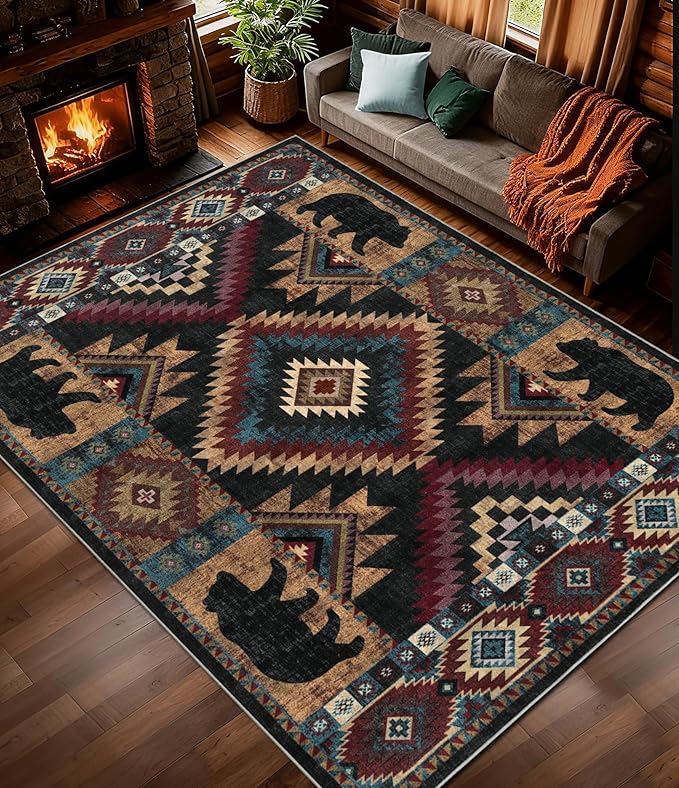 Rustic Cabin Area Rug 9x12, Lodge Wildlife Bear Washable Large Area Rug by YIHOUSE