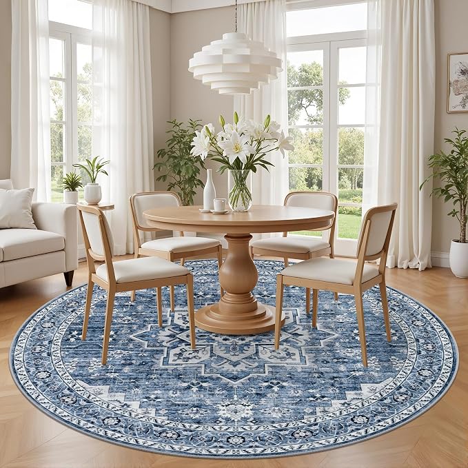 Round Area Rug for Living Room: 8ft Washable Rug for Bedroom Blue | Vintage - Image 3