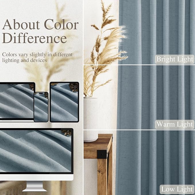 Light Blue Linen Curtains for Living Room Bedroom 100 Inches Long Back Tab Rod - Image 3