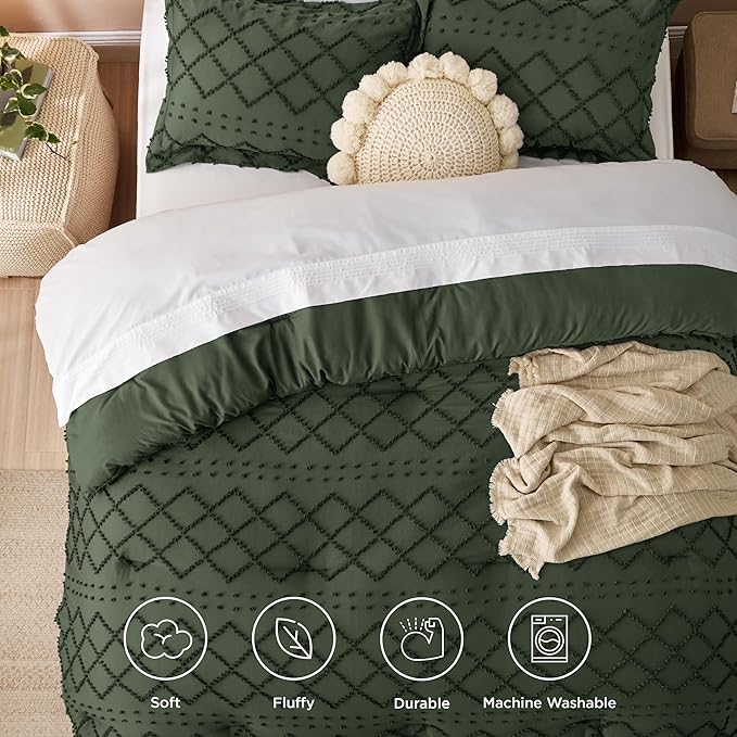 Bedsure King Comforter Set - Olive Green Comforter, Boho Tufted Shabby Chic Bedding for Kids, 3 Pieces Vintage Farmhouse Bed Set for All Seasons, Fluffy Soft Bedding with 2 Pillow Shams