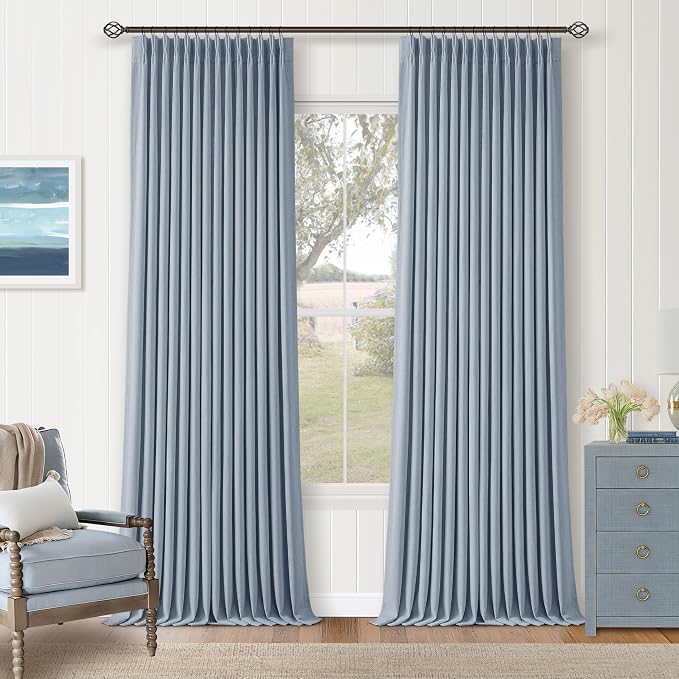 Light Blue Linen Blackout Linen Pleated Dual Layer Curtains 90 Inches Long | by Twodrapes