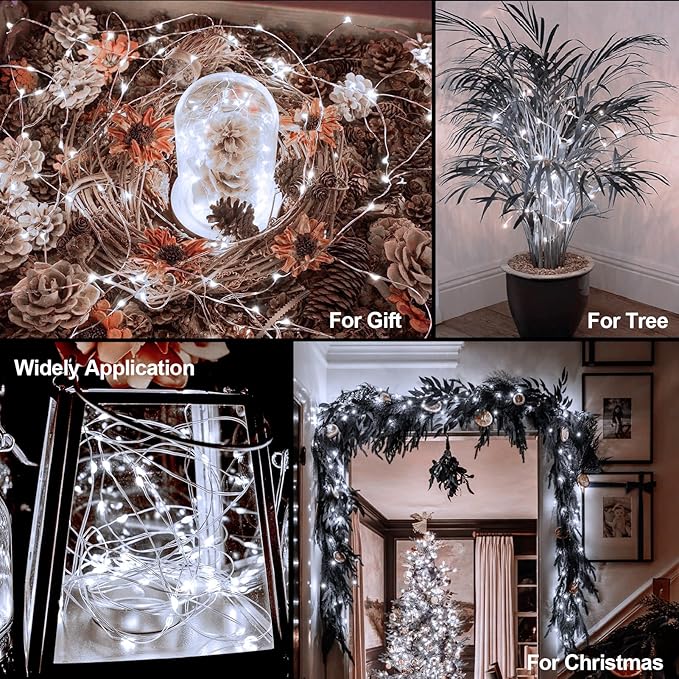 2 Pack Christmas Fairy Lights Battery Operated, 16.4Ft 50 LEDs Silver Copper Wire Twinkle Lights with 2 Lighting Modes for Christmas Bedroom Indoor Outdoor Wedding Holiday Decor(Cool White)