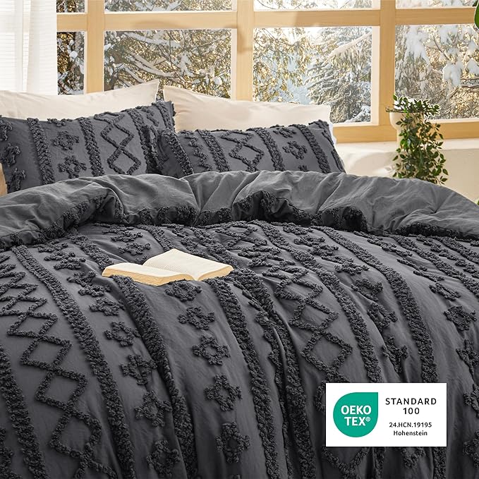 Bedsure Tufted Boho Comforter Set Twin Size - Dark Grey Boho Bed Set, GentleSoft™ 2 Pieces Farmhouse Shabby Chic Embroidery Bedding, Gifts for Woman, Soft Jacquard Twin Comforter for All Seasons