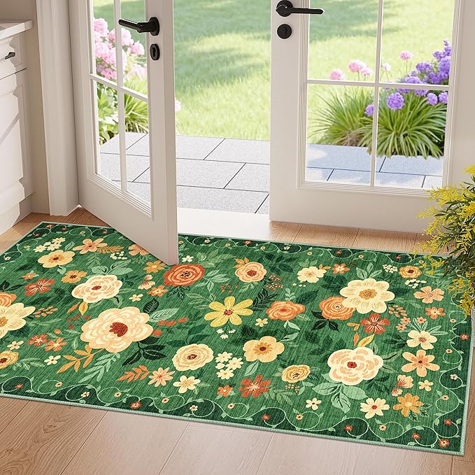 DUKINO 2x4 Entryway Rug, Floral Washable Kitchen Rugs Non Slip, Dark Green | by DUKINO
