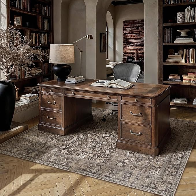 6x9 Coffee Brown Vintage Floral Washable Area Rug - Image 2