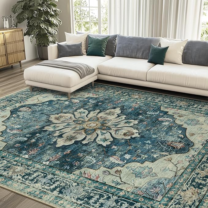 RELEANY Washable Area Rug, Water Repellent, Pet Friendly, Vintage Floral Boho by RELEANY