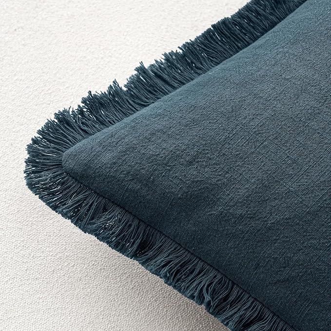MIULEE Boho Linen Fringe Decorative Throw Pillow Covers Navy Blue 18x18 | Set - Image 3
