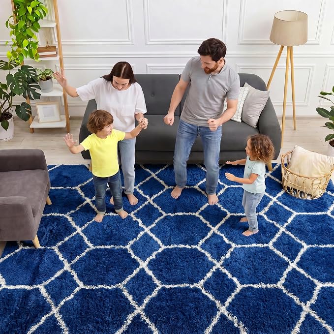 7x9 Area Rugs for Living Room Bedroom, Fluffy Navy Blue and White Boys Rug | - Image 3