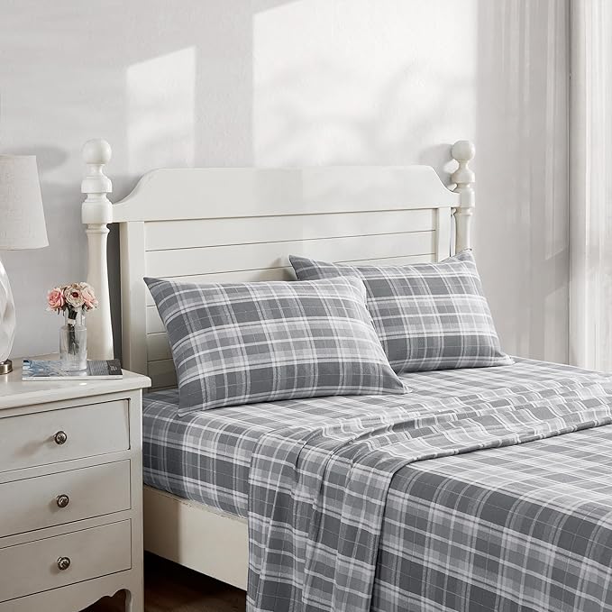 Laura Ashley - Flannel Sheets Twin Size, Anti-Pilling & Wrinkle Resistant Cotton, Touchably Soft for All-Season Comfort - Bed Sheets with Matching Pillowcases & Fitted Sheet (Mulholland Plaid Grey)