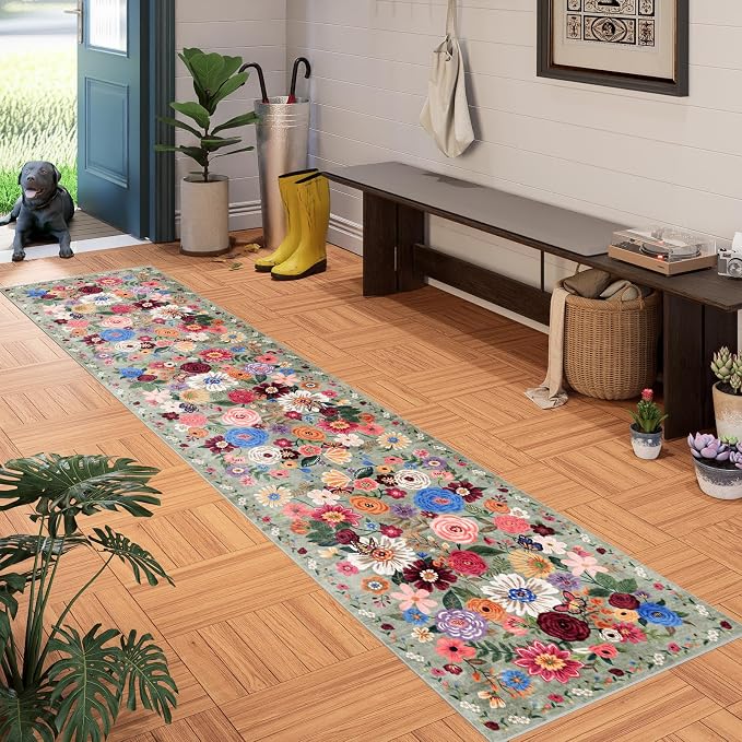 Floral Hallway Runner 2x10 Green Carpet Kitchen Rug | Ultra-Thin Soft - Image 2