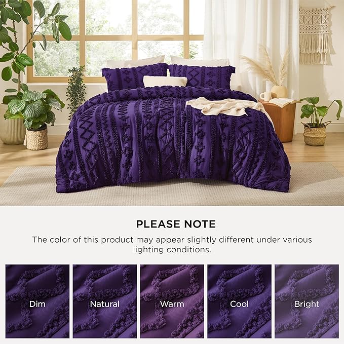 Bedsure Tufted Boho Comforter Set Queen Size - Purple Boho Bed Set, GentleSoft™ 3 Pieces Farmhouse Shabby Chic Embroidery Bedding, Gifts for Woman, Soft Jacquard Queen Comforter for All Seasons