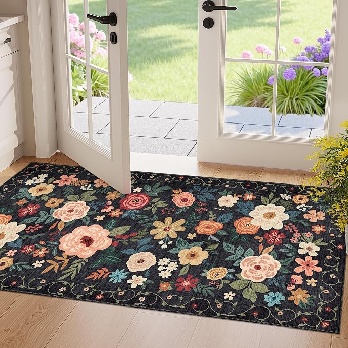 DUKINO 2x4 Entryway Rug, Floral Washable Kitchen Rugs Non Slip, Soft Indoor by DUKINO