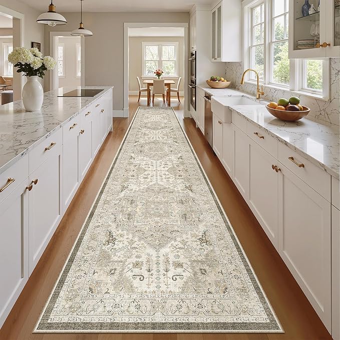 Madane Hallway Runner Rug 2'6''x16' Kitchen Runners Vintage, Ivory/Brown | Long - Image 4