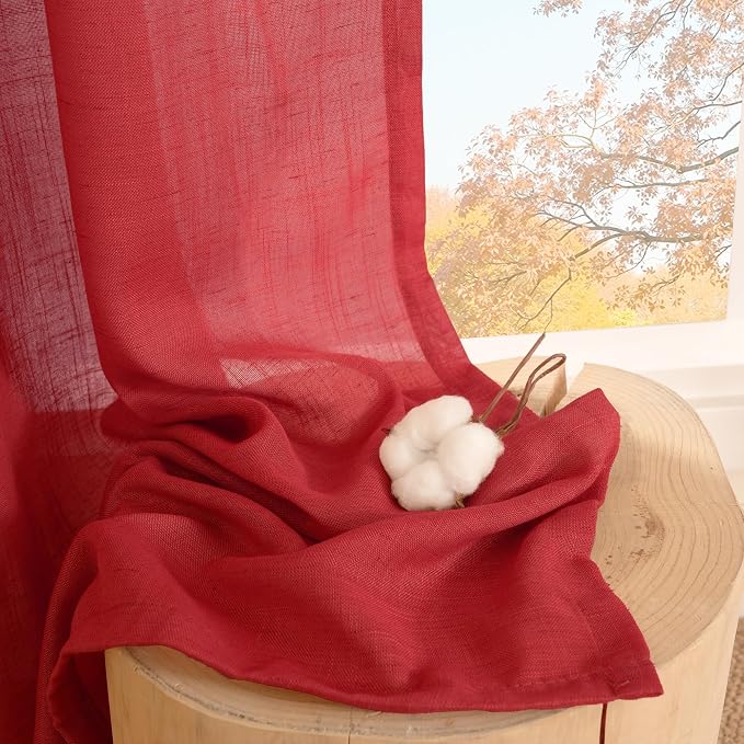 BGment Red Linen Cafe Curtains 36 Inch Length, Small Half Drapes Semi Sheer - Image 7