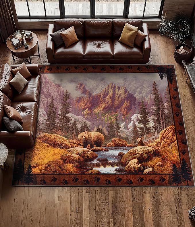 Rustic Cabin Area Rug for Bedroom 8x10, Machine Washable Woodland Bear Rug by YIHOUSE