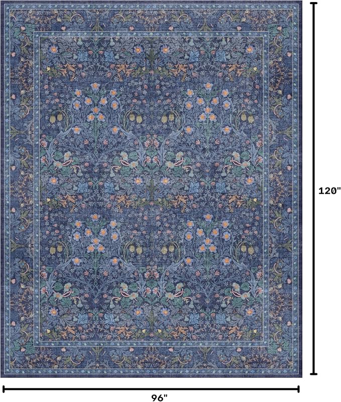 Dark Blue Living Room Rug 8x10, Vintage Floral Washable Area Rugs - Image 2
