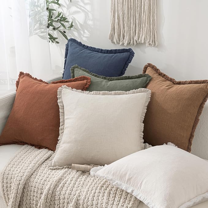 MIULEE Boho Linen Fringe Decorative Fall Throw Pillow Covers Brown 20x20 | Set - Image 7