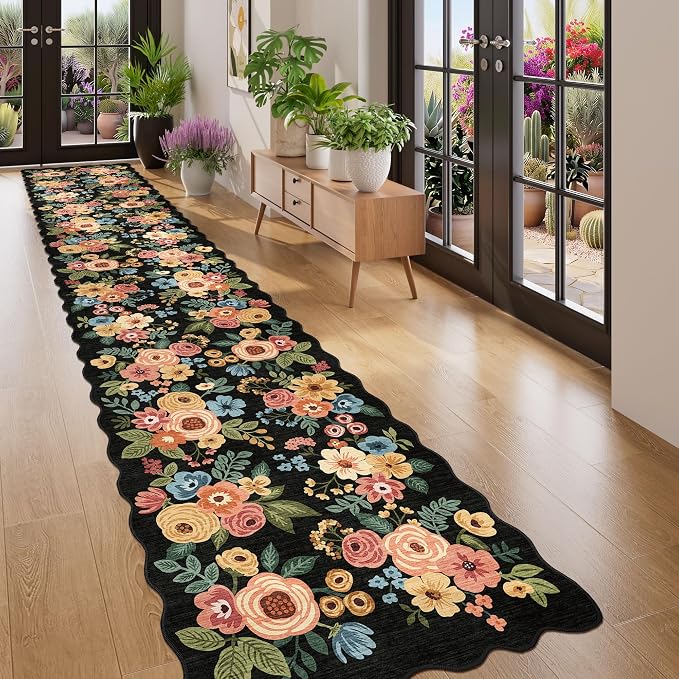 DUKINO 2.6x14 Runner Rug, Floral Washable Rug by DUKINO