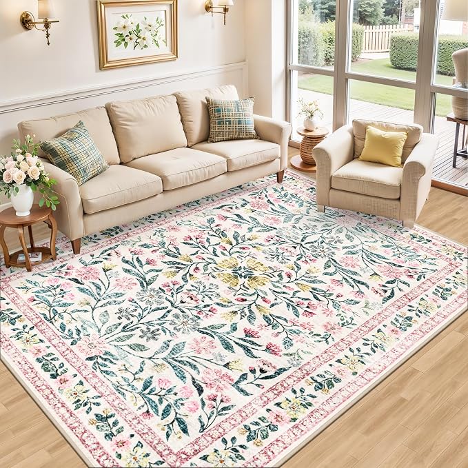 PLHXFR 6x9 Area Rug Living Room: Floral Washable Boho Carpet Pink Green | - Image 2