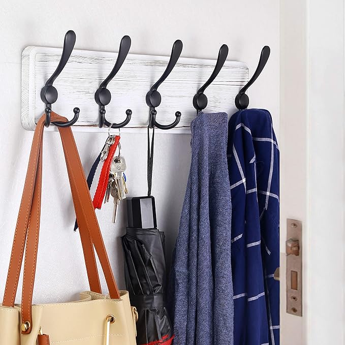 WEBI Coat Rack Wall Mount,Coat Hooks Wall Mounted,16" Hole to Hole,Coat Hanger Wall,Wood Hook Rack Rail,5 Triple Hooks for Hanging Coats,Jacket,Clothes,Black/White
