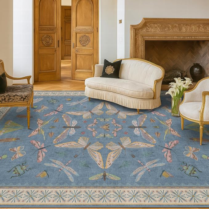 6x9 Blue Floral Rug for Dining Room Table - Image 3
