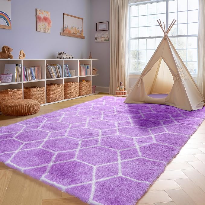 5x7 Area Rugs for Living Room Bedroom, Fluffy Purple and White Trellis Rug | - Image 9