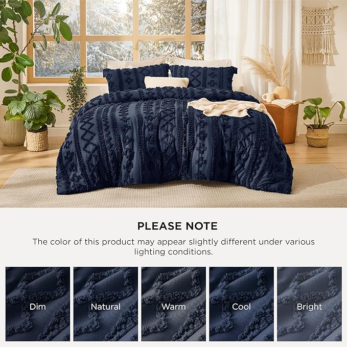 Bedsure Tufted Boho Comforter Set King Size - Navy Boho Bed Set, GentleSoft™ 3 Pieces Farmhouse Shabby Chic Embroidery Bedding, Gifts for Woman, Soft Jacquard King Comforter for All Seasons